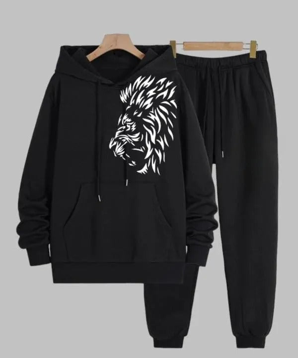 Side lion face High Quality Winter Fleece Tracksuit Export Quality Casual Printed Hoodie + Trouser Track Suit