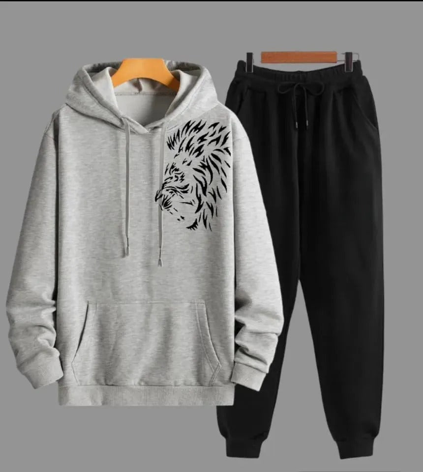 Side lion face High Quality Winter Fleece Tracksuit Export Quality Casual Printed Hoodie + Trouser Track Suit