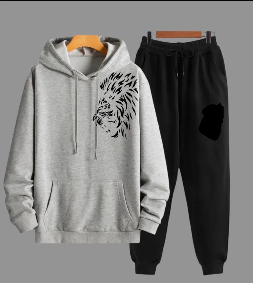 Side lion face High Quality Winter Fleece Tracksuit Export Quality Casual Printed Hoodie + Trouser Track Suit